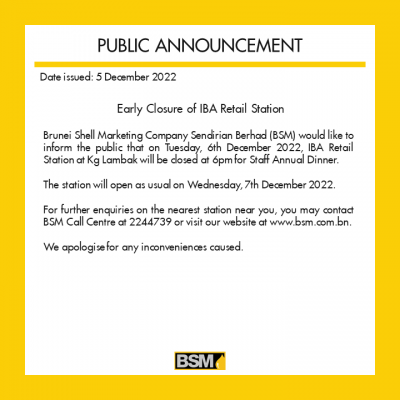 PUBLIC ANNOUNCEMENT: Early Closure of IBA Retail Station