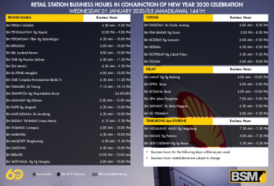 Retail Station Business Hours in conjunction to New Year 2020 Celebration